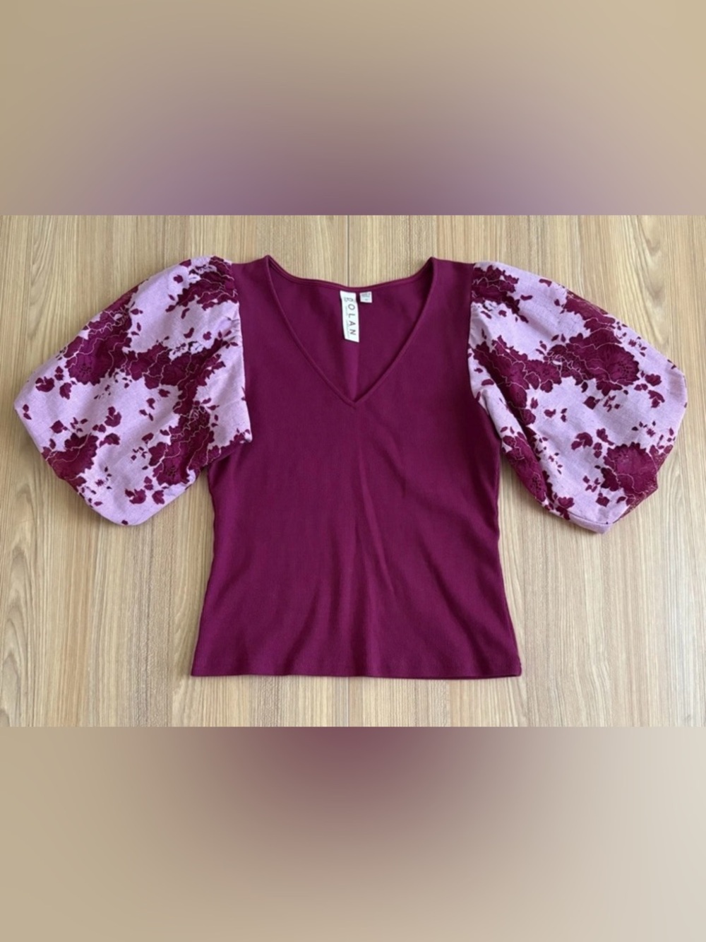 Anthropologie Dolan Lace Puff Sleeve Top Womens XS Wine Ribbed Stretch Romantic